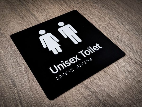 Unisex toilet braille and tactile ADA signage